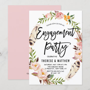 Bohemian Feathers & Floral Wreath Engagement Party Invitation