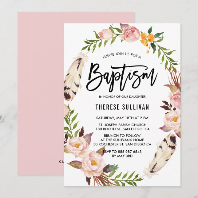Bohemian Feathers & Floral Wreath Pink Baptism Invitation (Front/Back)