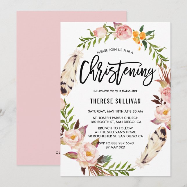 Bohemian Feathers & Floral Wreath Pink Christening Invitation (Front/Back)