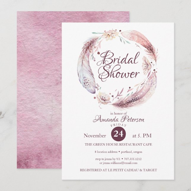 Bohemian Feathers Flowers Wreath Bridal Shower Invitation (Front/Back)