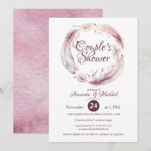 Bohemian Feathers Flowers Wreath Couple Shower Invitation