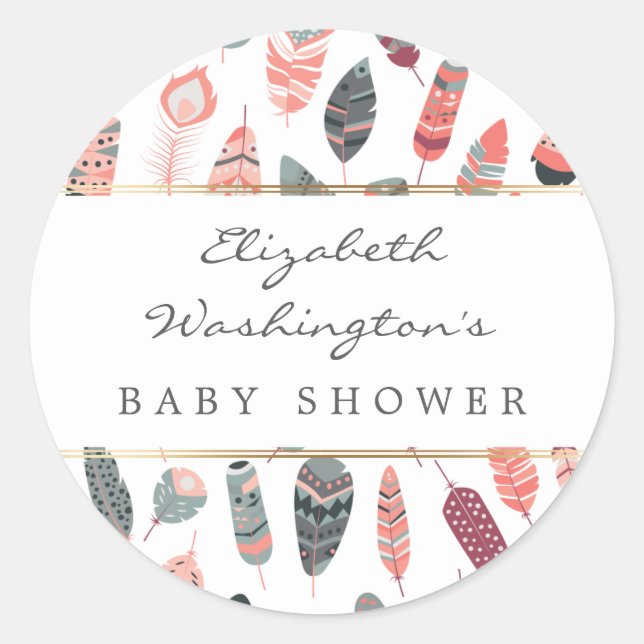 Bohemian Feathers Pattern Baby Shower Classic Round Sticker (Front)