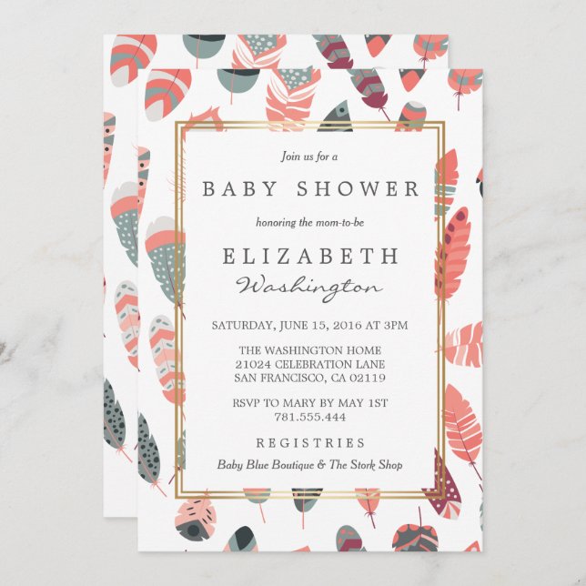 Bohemian Feathers Pattern Baby Shower Invitation (Front/Back)