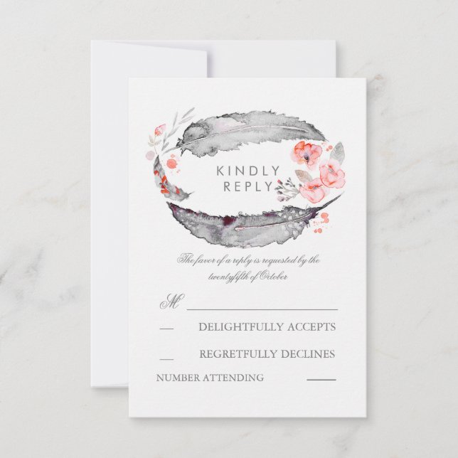 Bohemian Feathers Romantic Wedding RSVP Cards (Front)