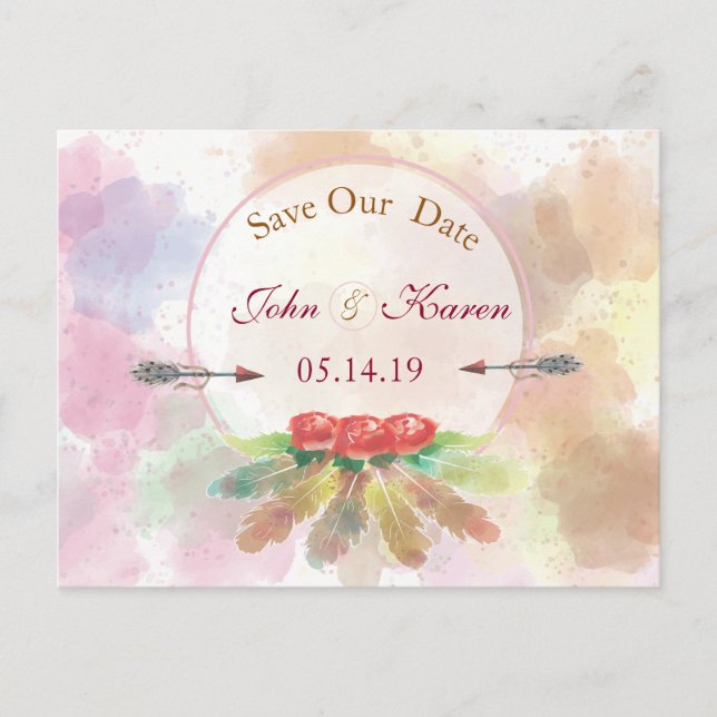 Bohemian feathers watercolor Roses SAVE THE DATE Announcement Postcard (Front)