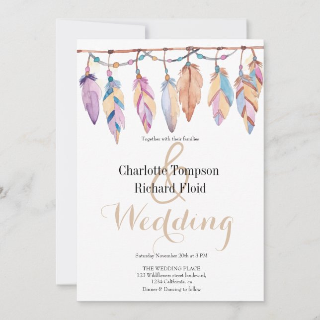Bohemian Feathers Wedding  Invitation (Front)