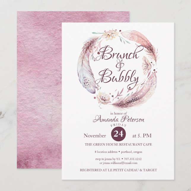 Bohemian Feathers Wreath Brunch  Bubbly Invitation (Front/Back)