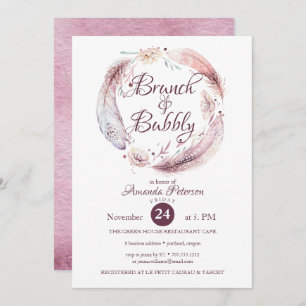 Bohemian Feathers Wreath Brunch  Bubbly Invitation