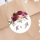 Bohemian Floral Autumn Wedding Monogram Classic Round Sticker<br><div class="desc">Bohemian style Wedding Monogram Sticker featuring watercolor illustration of burgundy,  red and pink peonies and roses with feathers accent. This is perfect for autumn | fall and winter events.  Matching items are also available.</div>