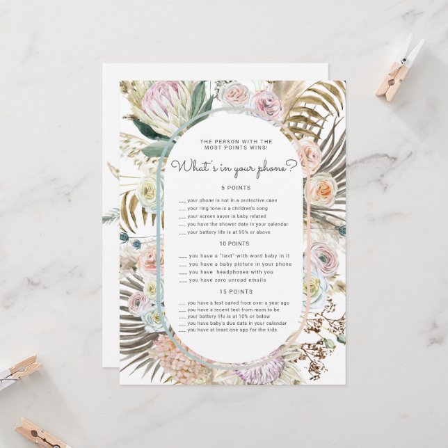 Bohemian Floral Baby Shower Phone Game Card (Front/Back In Situ)
