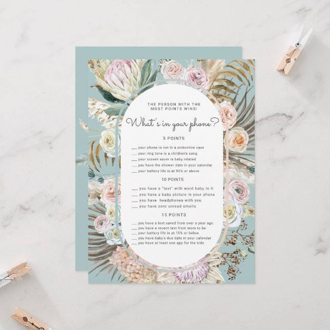 Bohemian Floral Baby Shower Phone Game Card (Front/Back In Situ)