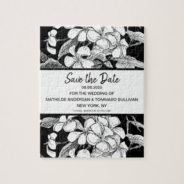 Bohemian Floral Black White Modern Save the Date Jigsaw Puzzle (Vertical)