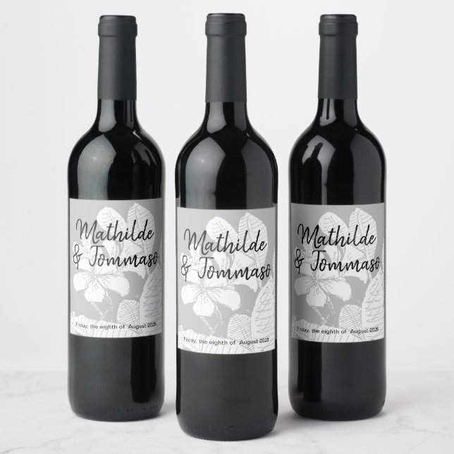 Bohemian Floral Black White Watermark Wine Label (Bottles)