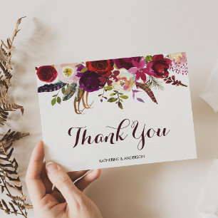 Bohemian Floral Burgundy Fall Wedding Thank You Card