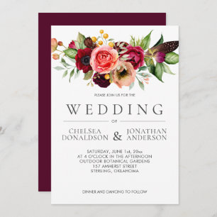 Bohemian Floral Burgundy Feather Wedding   Announcement