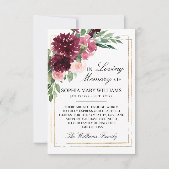 Bohemian Floral Burgundy Sympathy Memory Thank You Card (Front)