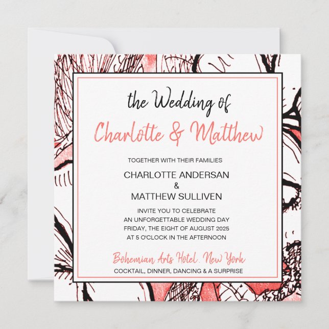 Bohemian Floral Coral White Drawing Wedding Invitation (Front)