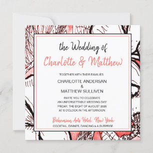 Bohemian Floral Coral White Drawing Wedding Invitation