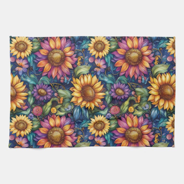Bohemian Floral Dreamscape Vibrant Pattern Tea Towel (Horizontal)