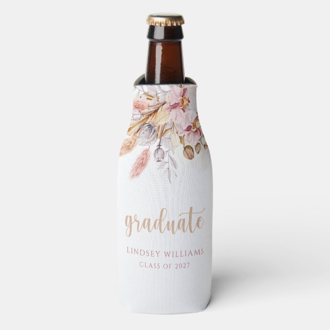 Bohemian Floral Dusty Pink Pampas Grass Graduation Bottle Cooler (Bottle Front)