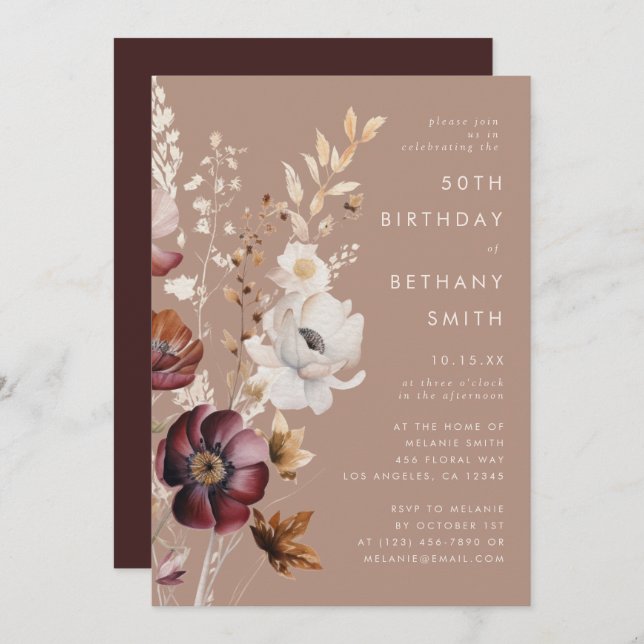 Bohemian Floral Fall Taupe Birthday Party Invitation (Front/Back)
