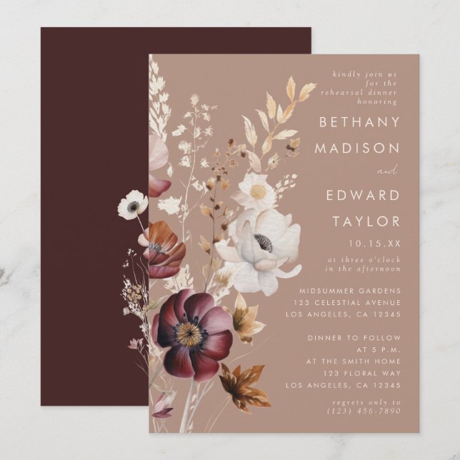 Bohemian Floral Fall Taupe Rehearsal Dinner Invitation (Front/Back)