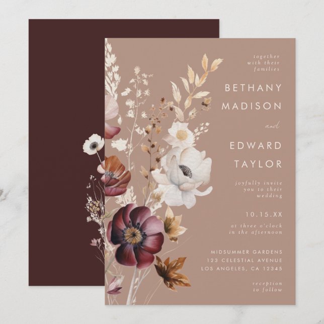 Bohemian Floral Fall Taupe Wedding Invitation (Front/Back)