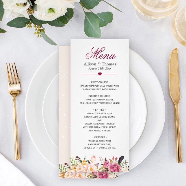 Bohemian Floral Feather Classy Boho Wedding Menu (Creator Uploaded)