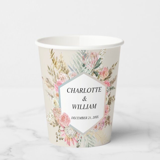 Bohemian Floral Frame Wedding Paper Cups (Left)