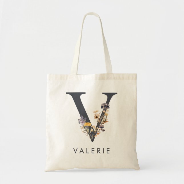 Bohemian Floral Initial V Tote Bag (Front)