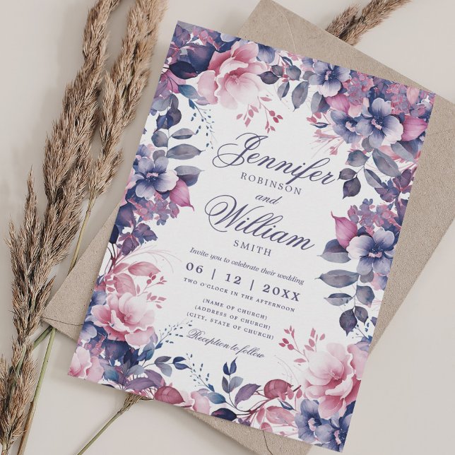 Bohemian Floral Lavender Purple Wedding w/ QR RSVP Invitation (Bohemian Floral Lavender Purple Wedding w/ QR RSVP Invitation)