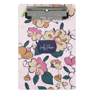 Bohemian Floral Navy Name Monogram Mini Clipboard