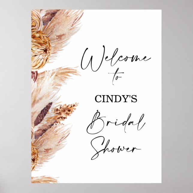 Bohemian Floral Pampas Bridal Shower Welcome Sign (Front)