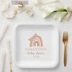 Bohemian Floral Pastel Rainbow Baby Shower Paper Plate