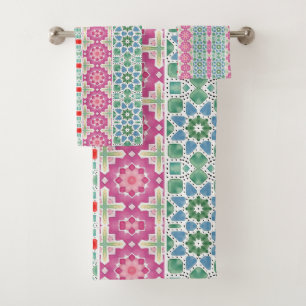 Bohemian floral pattern Watercolor mosaic design Bath Towel Set