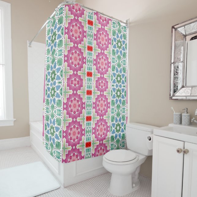 Bohemian floral pattern Watercolor mosaic design Shower Curtain (In Situ)
