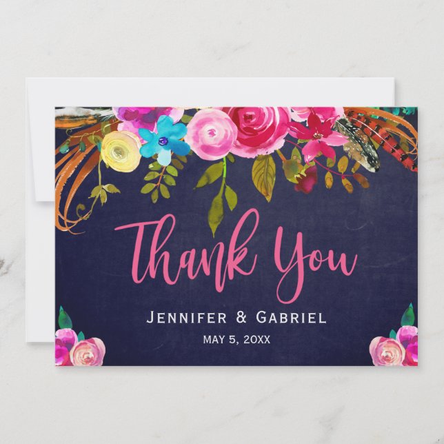 Bohemian Floral Pink Navy Script Wedding Thank You Card (Front)