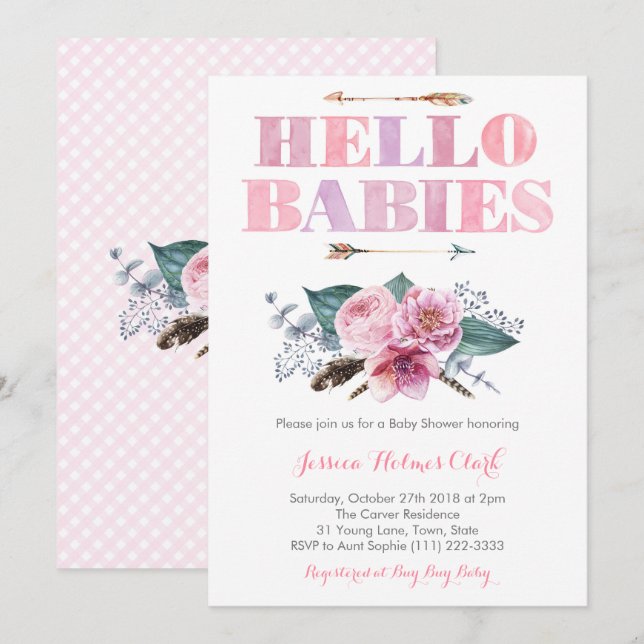 Bohemian Floral Pink Twin Baby Girls Shower Invitation (Front/Back)