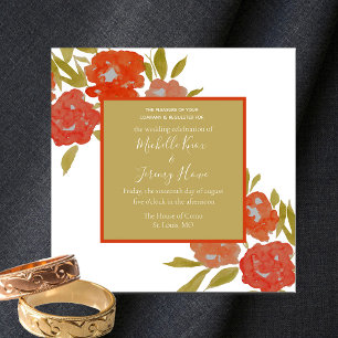 Bohemian Floral Red Orange Gold Wedding Invitation