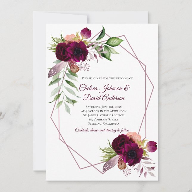 Bohemian Floral Romance Geometric Wedding Announcement (Front)