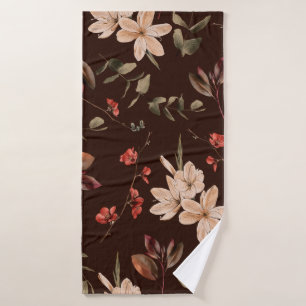 Bohemian floral seamless pattern with dark brown b bath towel