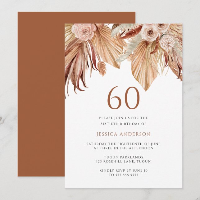 Bohemian Floral Terracotta Boho 60th Birthday  Invitation (Front/Back)