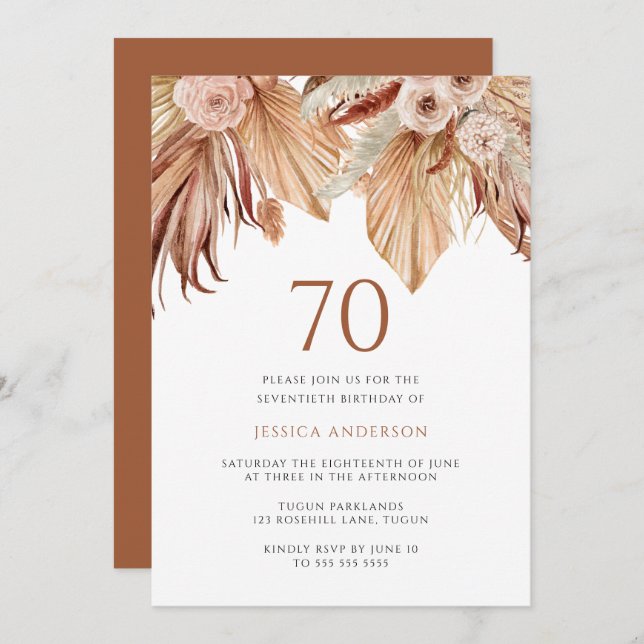 Bohemian Floral Terracotta Boho 70th Birthday Invitation (Front/Back)