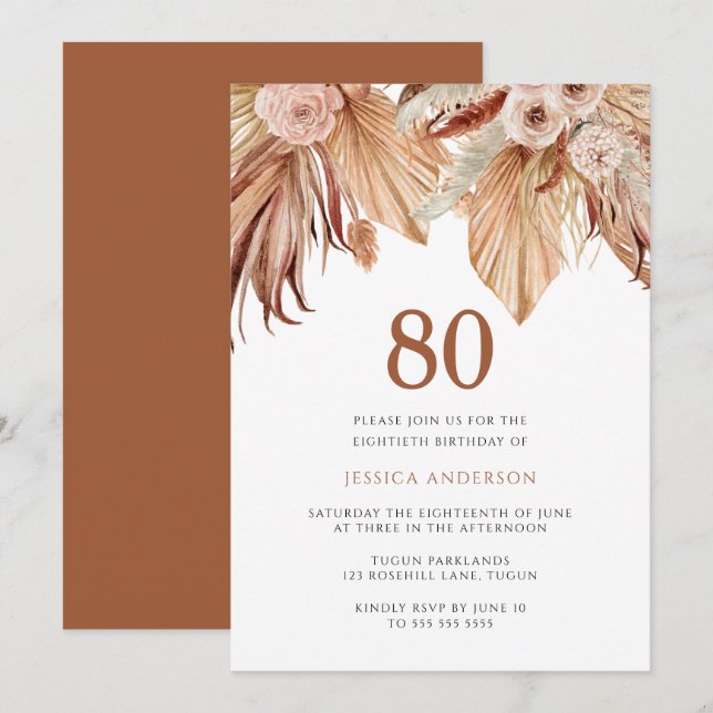 Bohemian Floral Terracotta Boho 80th Birthday Invitation (Front/Back)