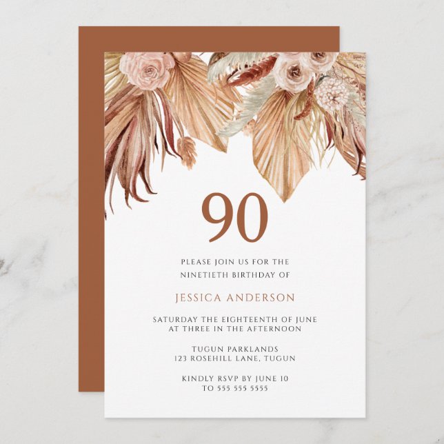 Bohemian Floral Terracotta Boho 90th Birthday Invitation (Front/Back)