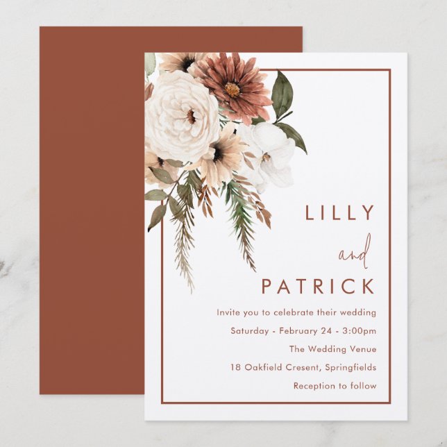Bohemian Floral Terracotta & Champagne Wedding Invitation (Front/Back)