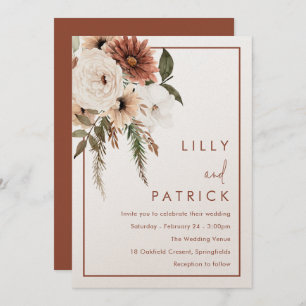 Bohemian Floral Terracotta & Champagne Wedding Invitation