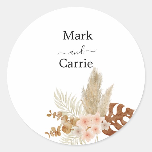 Bohemian Floral Terracotta Wedding Classic Round Sticker (Front)