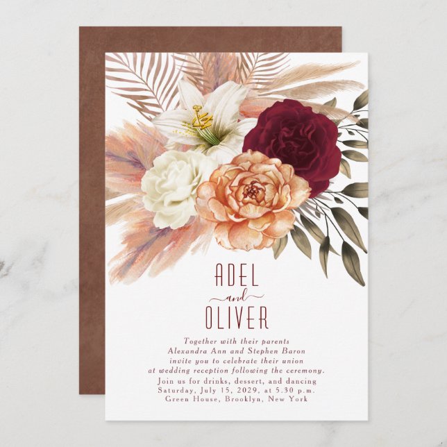 Bohemian Floral Terracotta Wedding Reception Invitation (Front/Back)