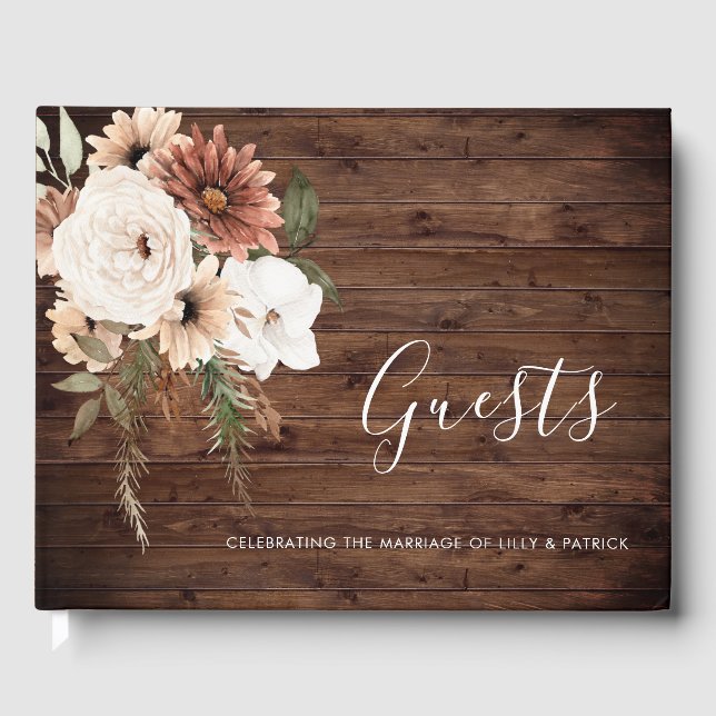 Bohemian Floral Terracotta Wedding Rustic Wood Guest Book (Front)